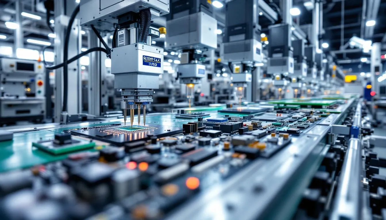 The image depicts a PCB assembly line with advanced surface mount technology equipment actively assembling electronic components, showcasing the intricate manufacturing processes involved in electronics manufacturing services. Skilled engineers oversee the operation, ensuring high-quality standards are met in the production of consumer electronics.