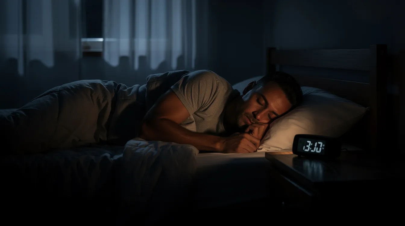 A man is sleeping peacefully in a dark bedroom, with a soft glow from an alarm clock on the nightstand beside him. The serene atmosphere suggests a restful night, which is essential for maintaining healthy testosterone levels and overall well-being.