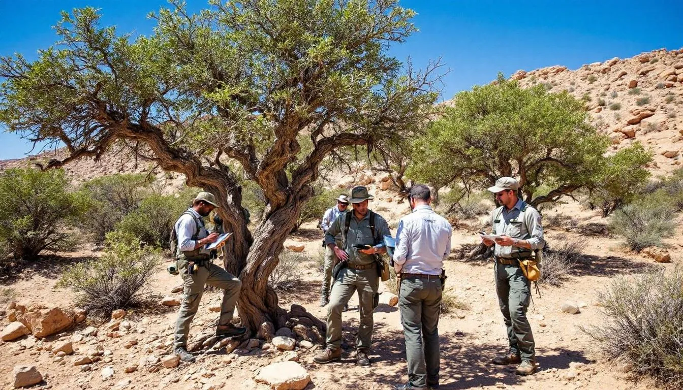 A conservation team is studying the Boswellia trees in their natural habitat on Socotra Island, surrounded by partly deciduous forests. The tall trees, known for their smooth bark and pale pink resin, are classified as vulnerable on the IUCN Red List due to their seldom regenerating populations.