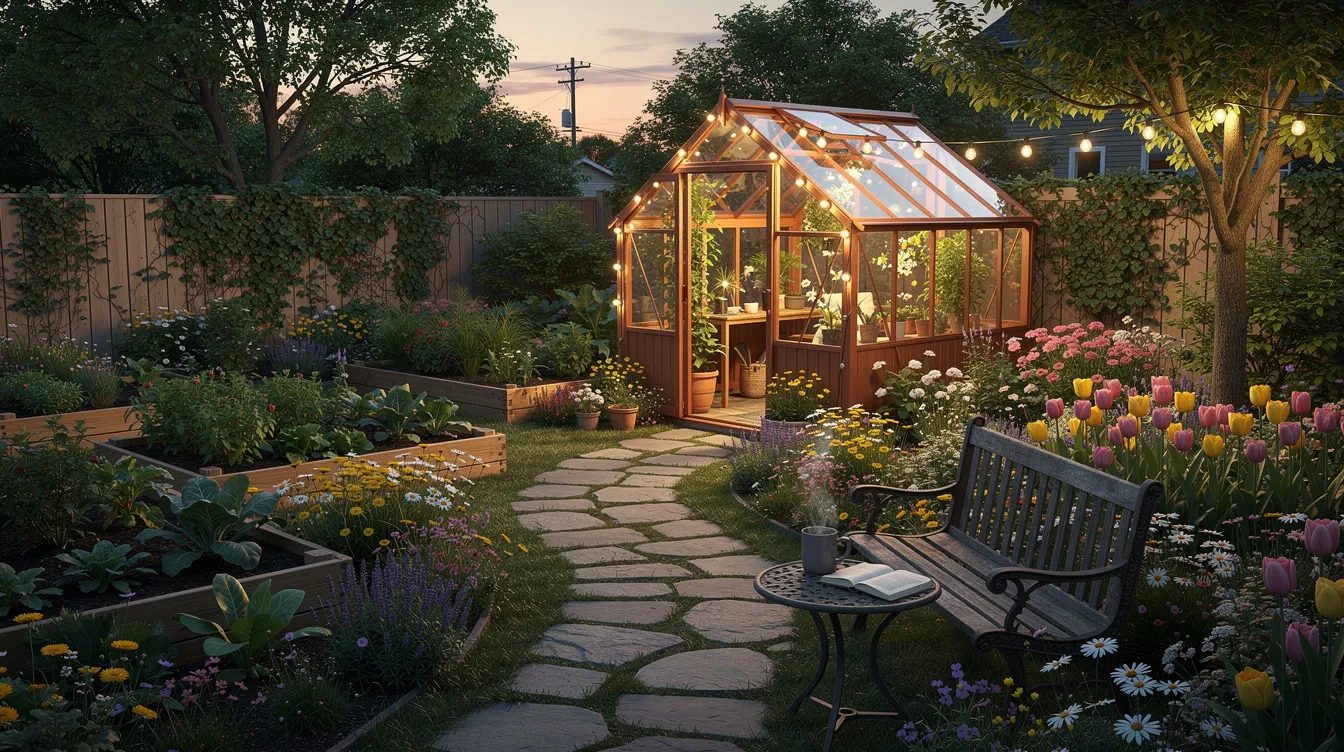 The image depicts a cozy backyard greenhouse situated beside a garden path, adorned with vibrant flowers and raised beds. Comfortable seating invites relaxation in this inviting outdoor space, perfect for spending time with family and friends.