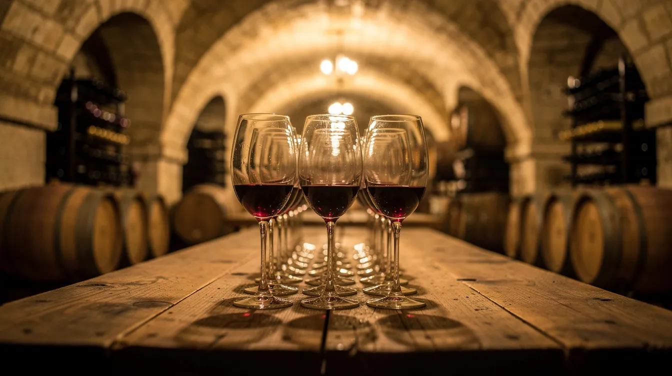 Des verres de vin soigneusement alignés sur une table en bois, au sein d'une cave voûtée à Paris, créent une ambiance chaleureuse pour une expérience d'œnologie. Ce cadre invite à la dégustation et à la découverte des secrets des vins français.