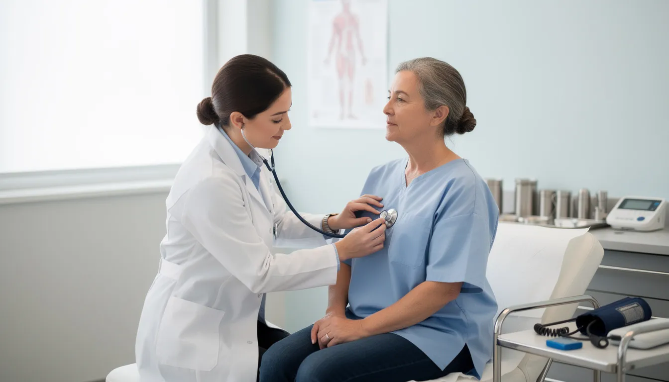 An image shows a medical professional performing a physical examination on a patient, who appears to be an injured worker. This scene highlights the importance of medical treatment in the workers' compensation process, particularly in determining eligibility for benefits such as temporary disability benefits or permanent partial disability benefits.