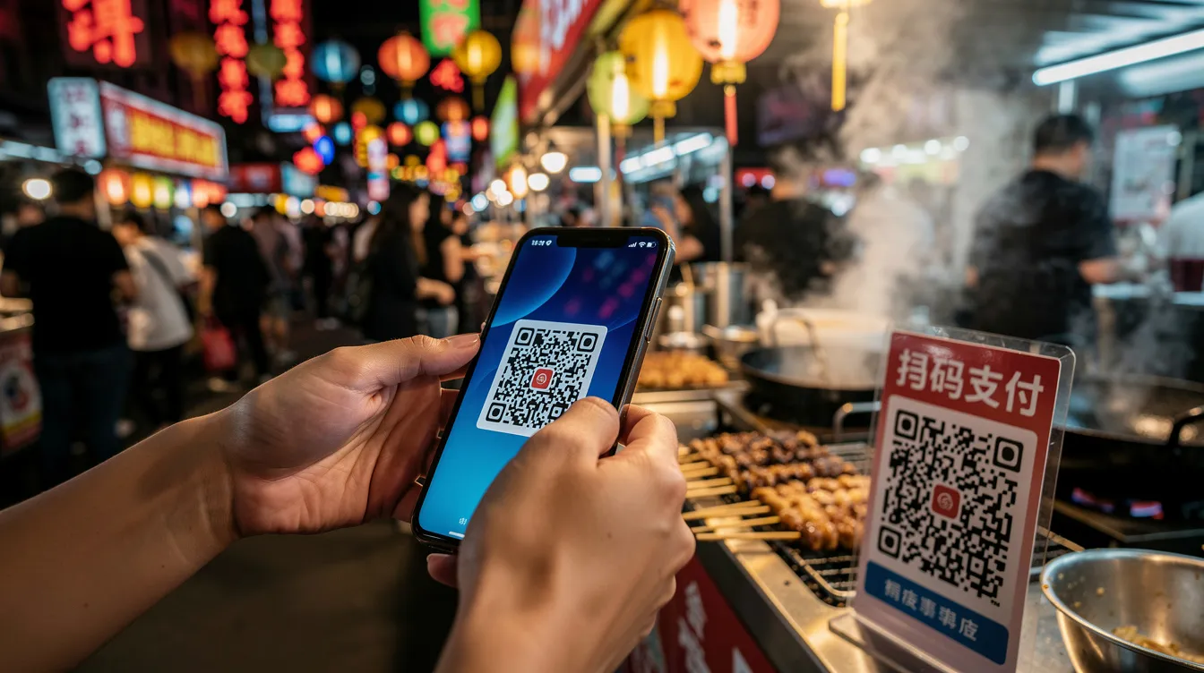 A person is scanning a QR code with their smartphone at a bustling street food market in China, showcasing the high adoption of digital payment methods like WeChat Pay and Alipay. The scene reflects the vibrant atmosphere of the mobile payment market, where contactless payments and seamless transactions are part of everyday life.