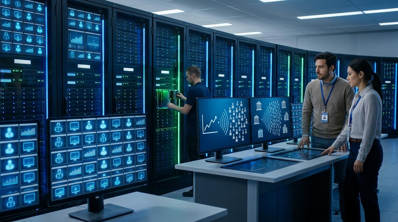 Enterprise cloud computing ecosystem with virtual desktops automatically expanding to support growing numbers of learners across universities and organizations.