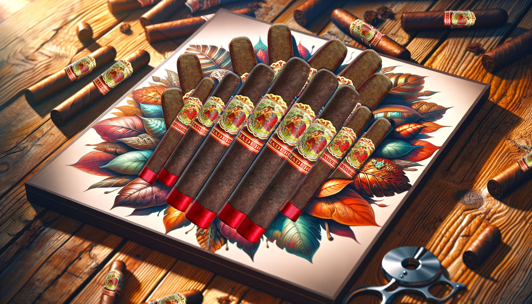 An assortment of Flor de las Antillas Maduro cigars displayed elegantly.