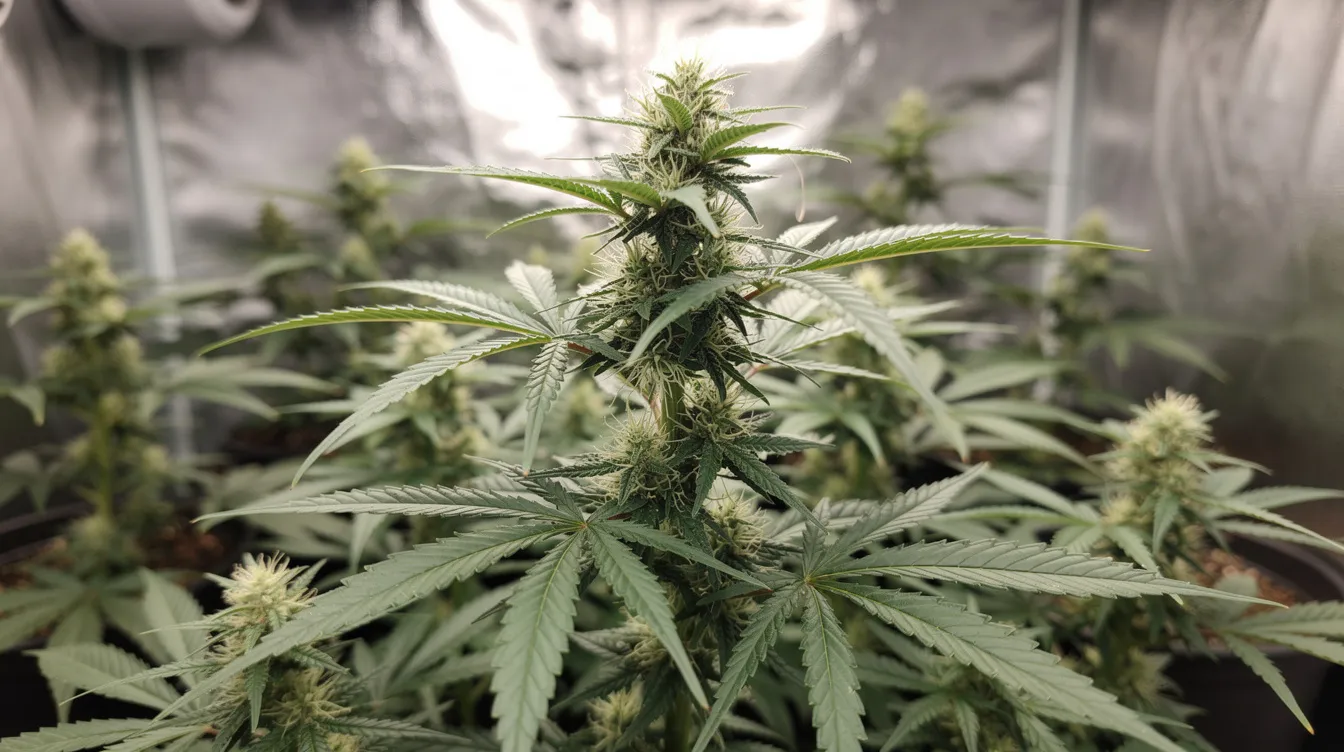 The image shows a cannabis plant with the top colas removed, while the lower branches continue to grow, indicating a partial harvest. The remaining lower buds are still developing, showcasing the plant's ongoing flowering stage and potential for further trichome production.