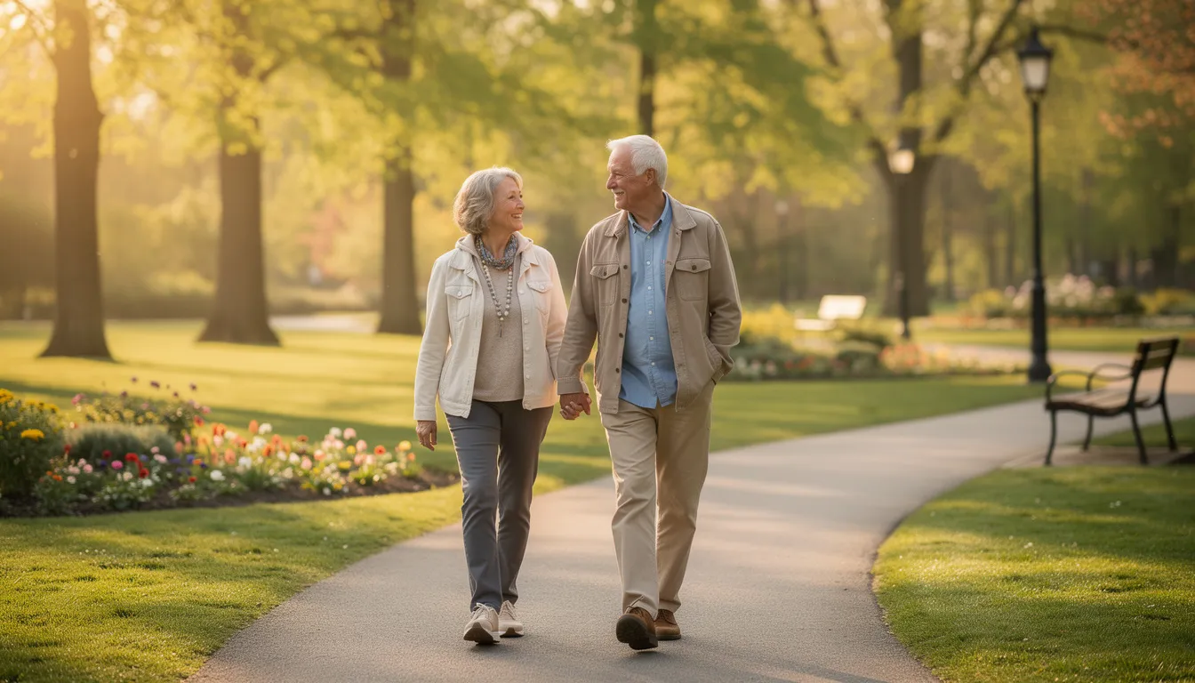 A joyful retired couple strolls hand in hand through a lush park, surrounded by greenery and blooming flowers, symbolizing the peace and financial security they have achieved in their retirement journey. Their smile reflects the fulfillment of their long-term financial goals and the importance of effective personal financial planning.
