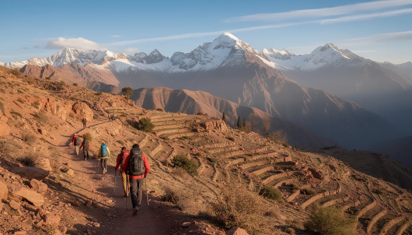 A group of hikers is navigating a rugged mountain trail, with the majestic snow-capped peaks of the Atlas Mountains towering in the background, showcasing the natural beauty of Morocco's highlands. This scene captures the spirit of adventure and exploration that awaits those who visit Morocco and its stunning landscapes.