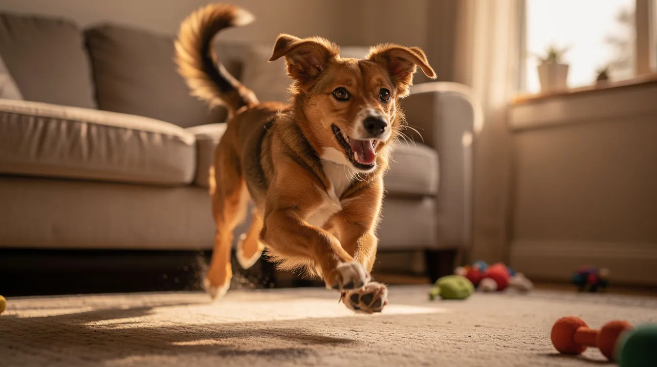 The image depicts a playful dog in a dog park, energetically zooming around with its tail wagging, showcasing the joyful behavior known as "dog zoomies." The scene captures the essence of a happy dog experiencing a sudden burst of energy, typical of young dogs and puppies that often engage in frenetic random activity periods to release pent-up energy.