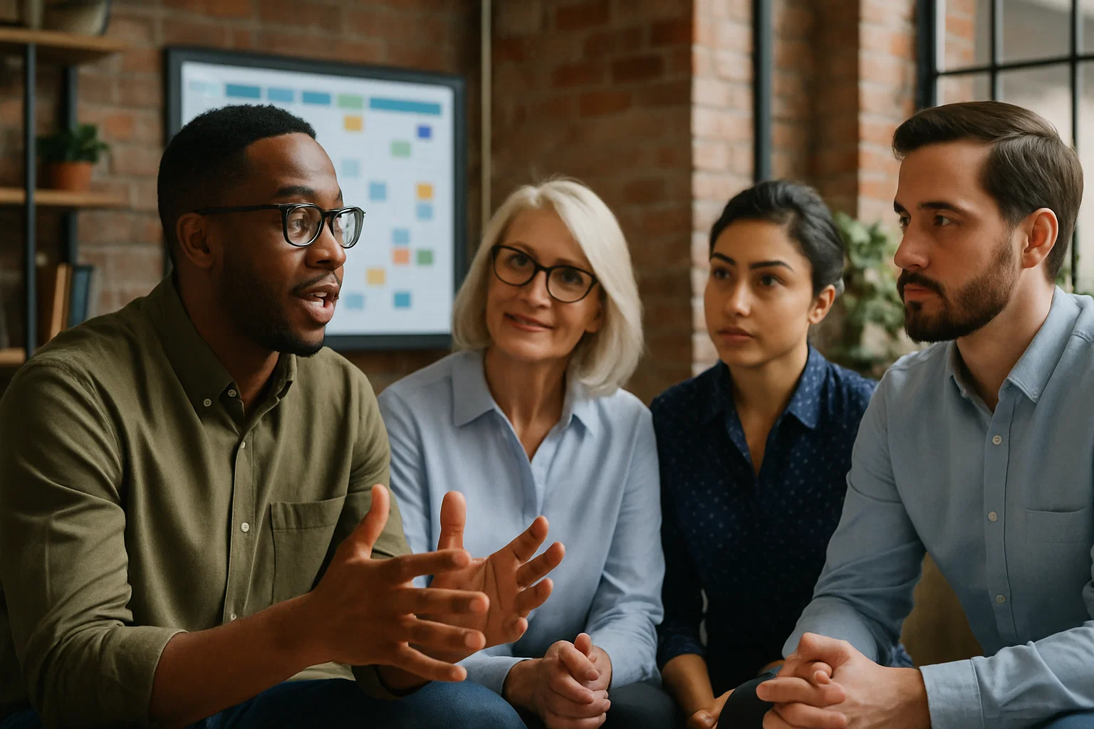 Group of professionals having a face-to-face business discussion in a co-working space, highlighting the value of in-person networking.