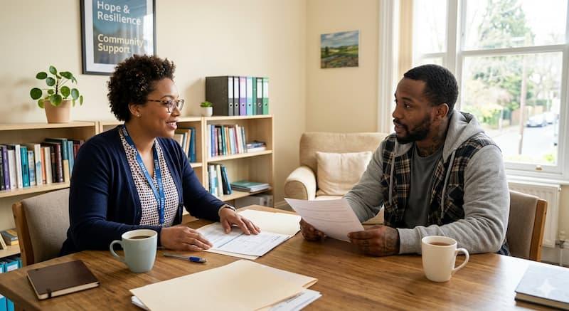 A shelter case manager helping a resident plan their transition to permanent housing.