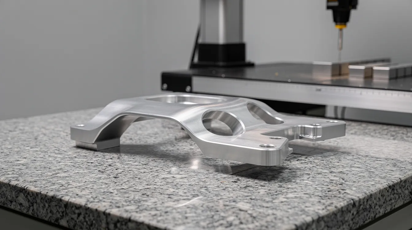 The image features a precision-machined aluminum aerospace bracket with smooth curved surfaces, resting on a measurement table, showcasing the high precision achieved through modern CNC technology and machining processes. This component represents the advanced manufacturing methods used in the aerospace industry, highlighting the intricate design possible with CNC machines.