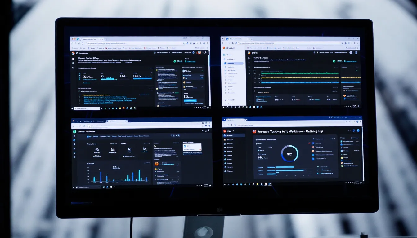 The image displays a computer screen filled with various interfaces from cross browser testing platforms, showcasing automated testing tools that allow developers to test web apps and mobile apps across multiple browsers and devices. The interfaces include options for local testing, video recording, and performance analysis, aimed at ensuring a seamless user experience across the latest browser versions like Google Chrome, Firefox, and Microsoft Edge.