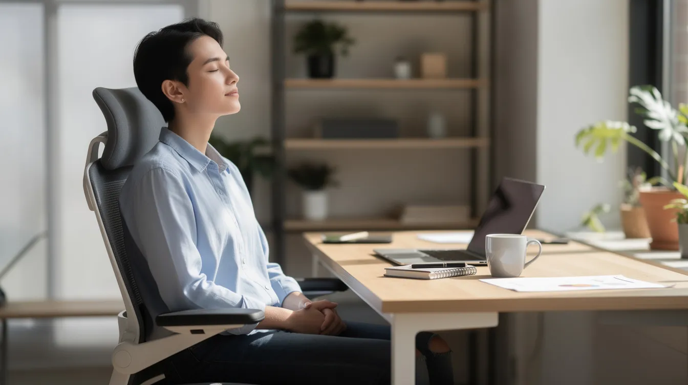 Une personne assise calmement dans un espace de travail, les yeux fermés, prend une pause pour favoriser son bien-être et sa résilience face au stress quotidien. Cette scène évoque l'importance de la santé mentale et de l'équilibre dans un environnement professionnel.