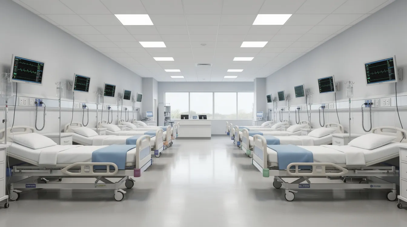 0fe1c4b8 9cfa 4bb2 a43c cd147c298d02 The image depicts a hospital ward featuring neatly arranged beds, equipped with medical monitors and overhead lights, creating a clean and organized environment for patient care. The presence of medical equipment emphasizes the ward's focus on providing essential healthcare services.