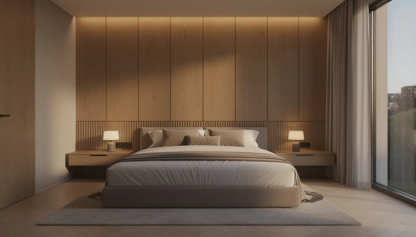 Een luxe slaapkamer met een groot bed, waarbij houten wandpanelen als hoofdbord dienen, creëert een uitnodigende en rustige sfeer. De strakke wandpanelen van Cando Decowall, in licht eiken, bieden niet alleen een warme uitstraling, maar verbeteren ook de akoestiek van de ruimte.