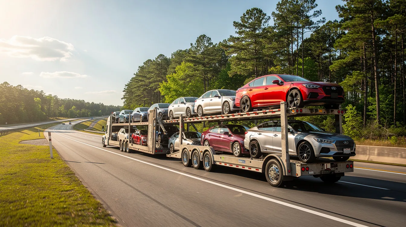 A car hauler truck is driving along a Georgia interstate highway, surrounded by tall pine trees in the background. This scene highlights the vehicle transport process, commonly associated with Georgia car shipping services.