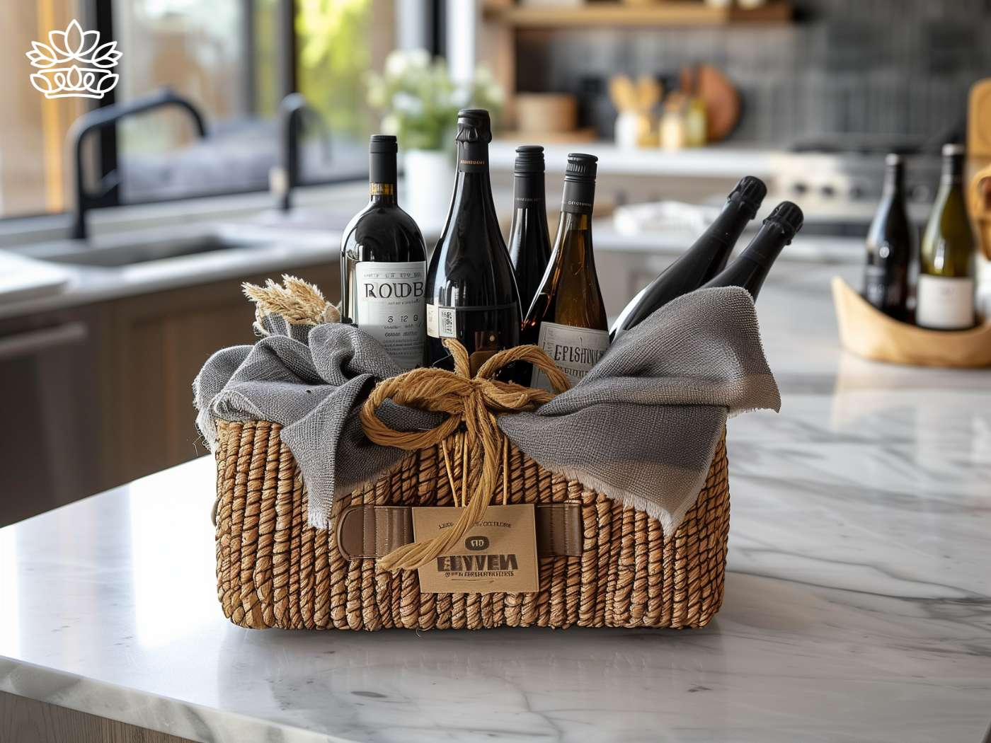 A selection of fine wines presented in an artisanal woven basket with a grey cloth, epitomizing luxury and fine taste from Fabulous Flowers and Gifts, perfect for connoisseurs and celebratory occasions.