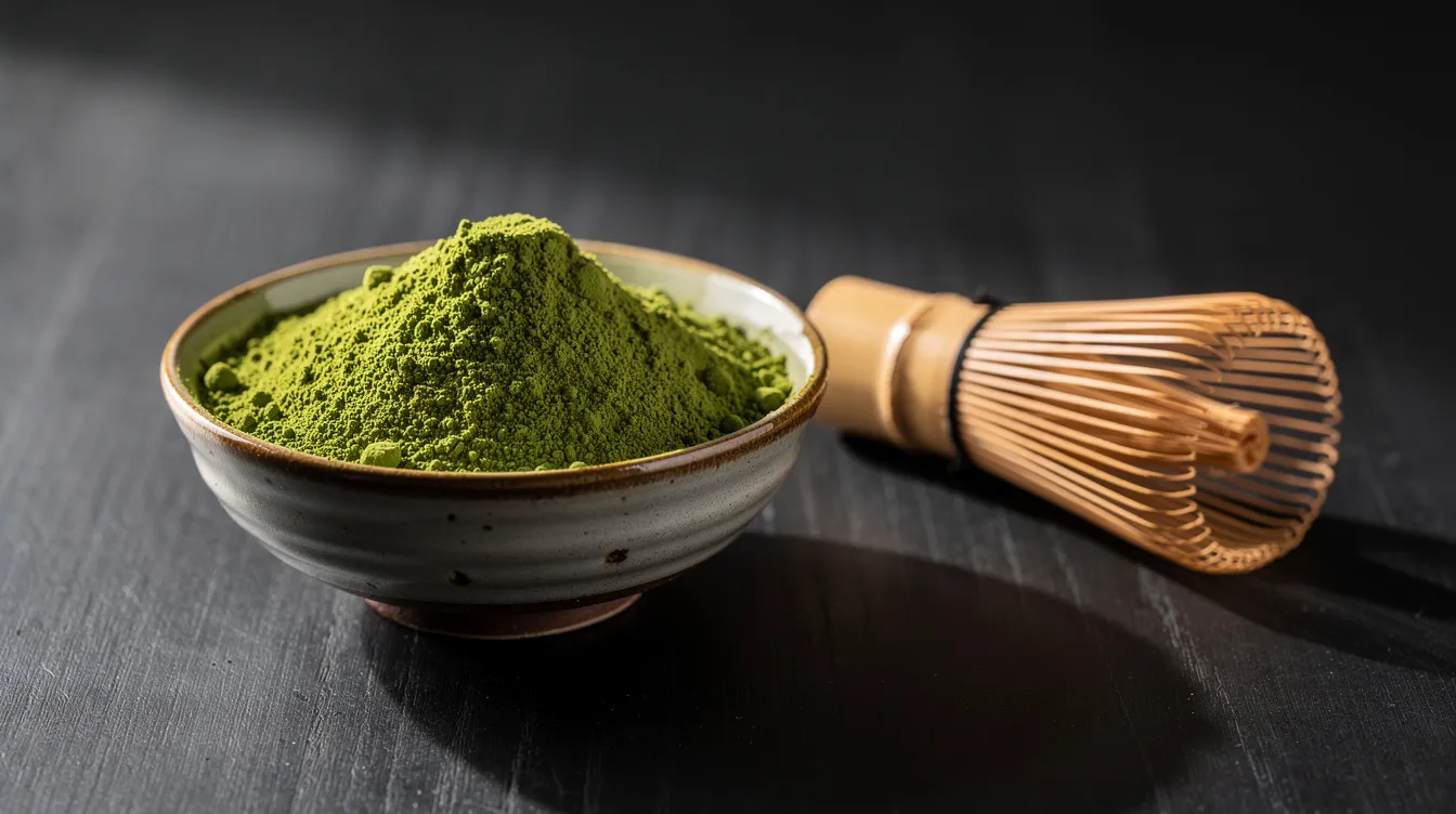Matcha w proszku oraz bambusowy chasen używany do jej przygotowania