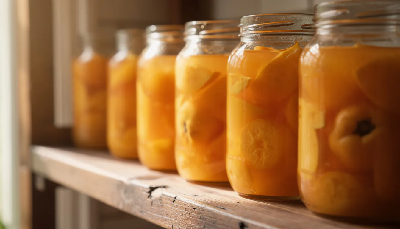 Na drewnianej półce stoją szklane słoiki wypełnione domowym dżemem z pigwy, który ma intensywny aromat i charakterystyczny, lekko kwaśny smak. Obok słoików można dostrzec dojrzałe owoce pigwy, które są znane ze swoich właściwości zdrowotnych i aromatycznego smaku.