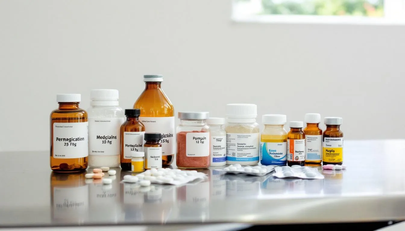 The image shows a variety of medication bottles and pills arranged on a veterinary examination table, highlighting the importance of proper treatment for conditions like Addison