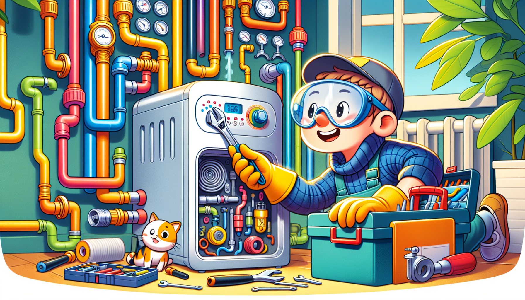 An illustration depicting routine maintenance tasks for hot water systems.