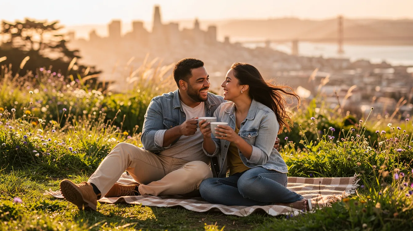 The image depicts a couple enjoying a romantic nature date in San Francisco, surrounded by lush greenery and scenic views. They are sitting on a blanket in a park, sharing a meal and drinks, embodying the excitement of the dating scene in California.