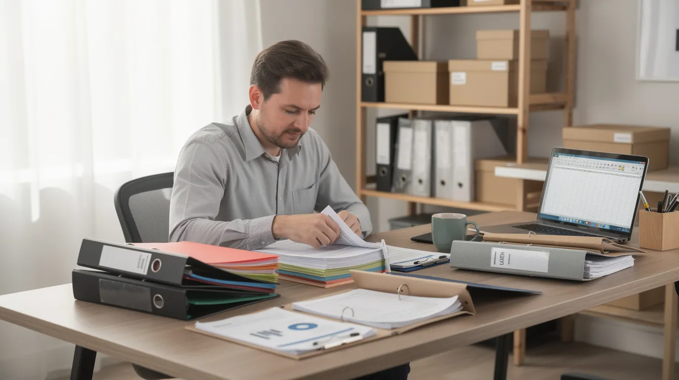 0ff1428e dcbb 4fd9 acfe 824b41446b07 The image shows a small business owner sitting at a desk, meticulously organizing various folders and documents, which likely include bank statements, business registration papers, and other necessary documentation for securing a mudra loan. This scene reflects the diligence required for entrepreneurs to manage financial assistance and ensure a satisfactory credit track record for their micro enterprises.