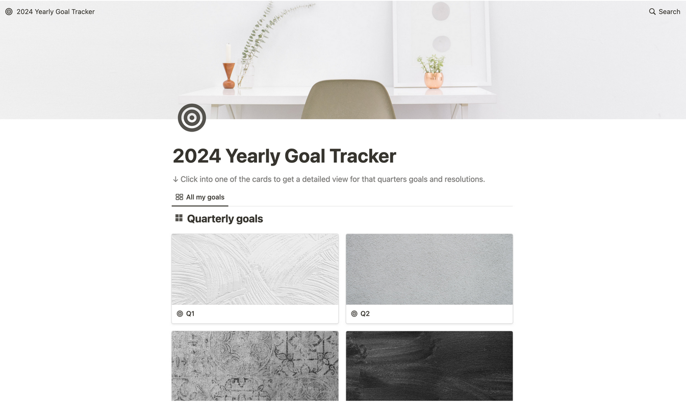 A screenshot of a yearly goal tracker template for Notion.