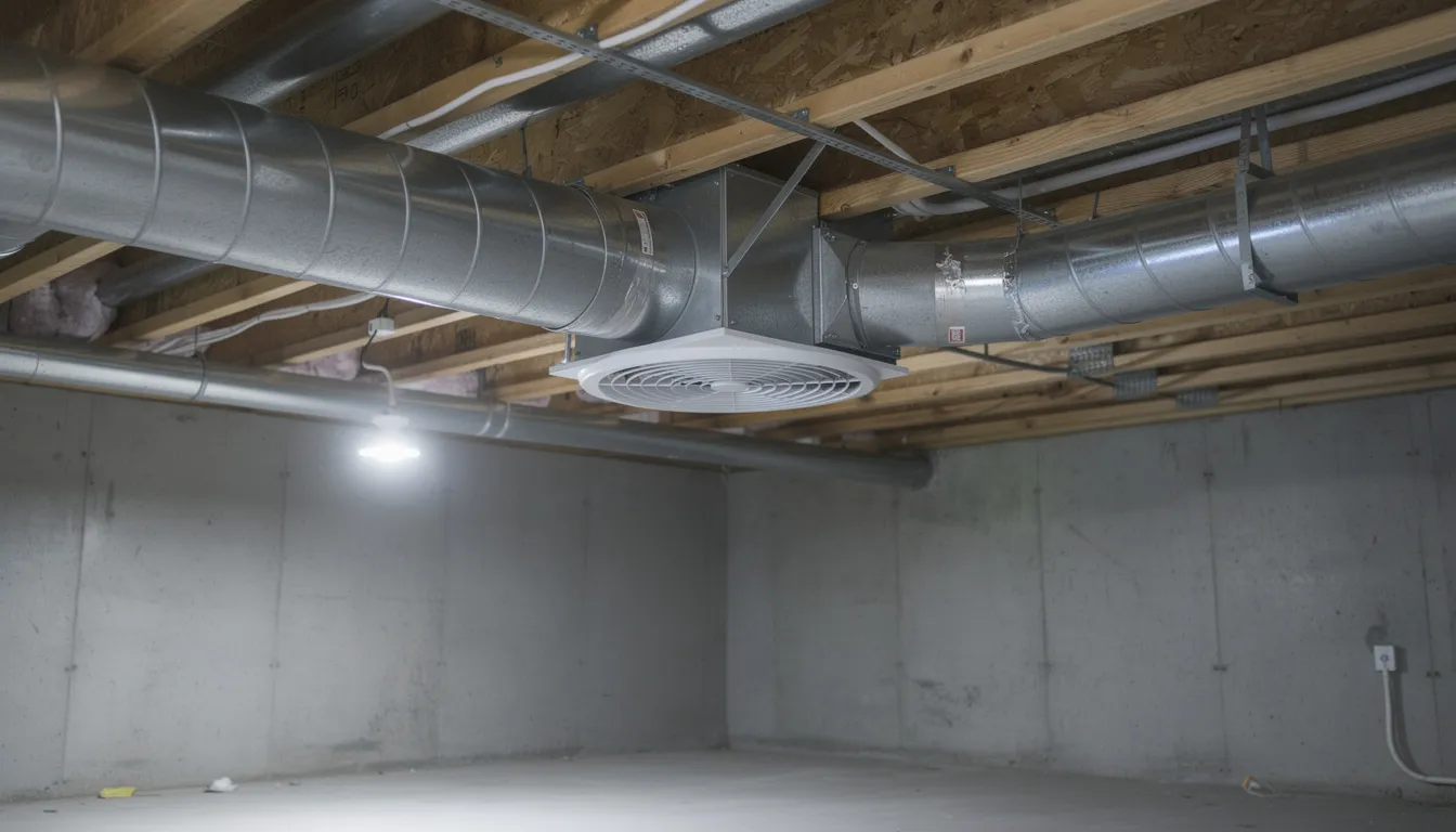 The image depicts an exhaust ventilation fan and ductwork installed in a basement ceiling, designed for proper moisture control in a sauna space. This setup is essential for maintaining air quality and preventing excess moisture buildup in a personal sauna installation.
