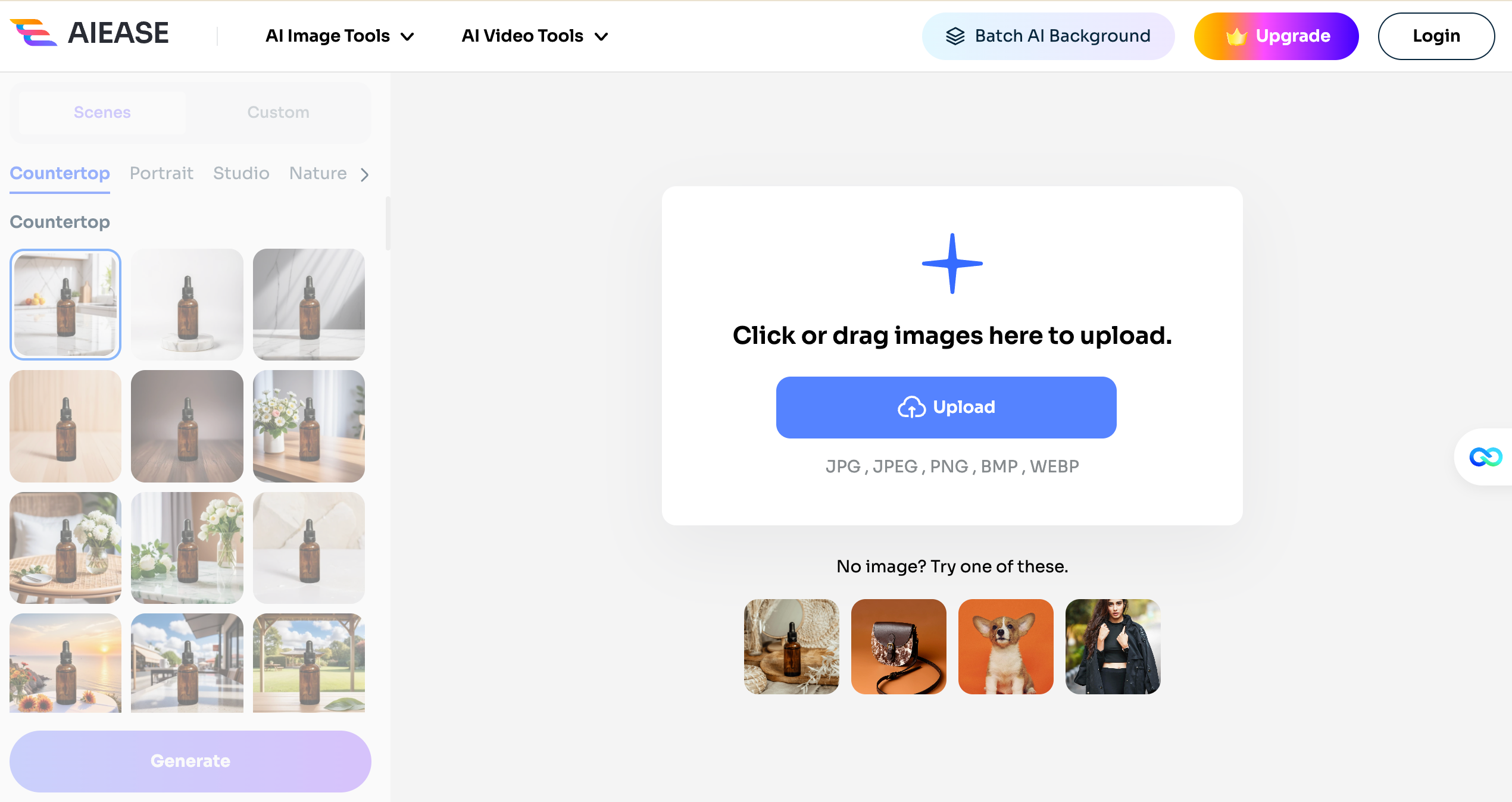 AI Ease interface showing image upload box and background template categories like Countertop and Studio for fast AI-generated product visuals.
