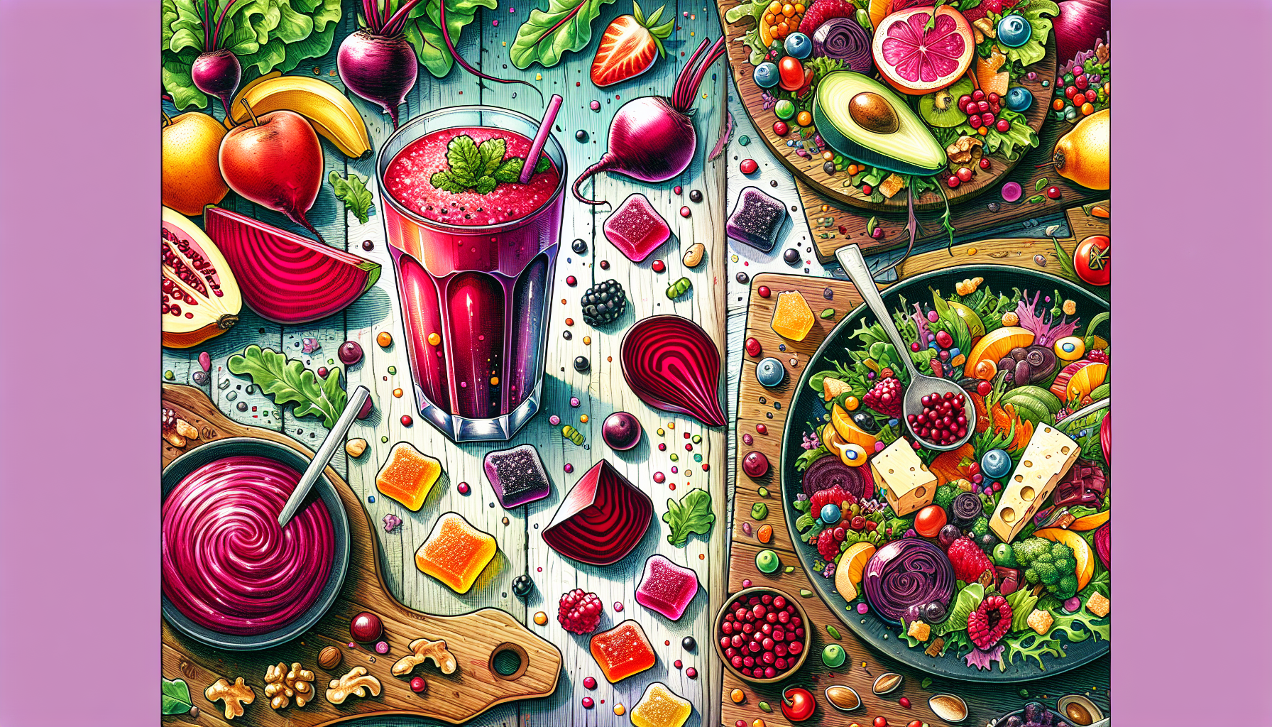 An illustration showing how to incorporate beet root gummies into a diet.