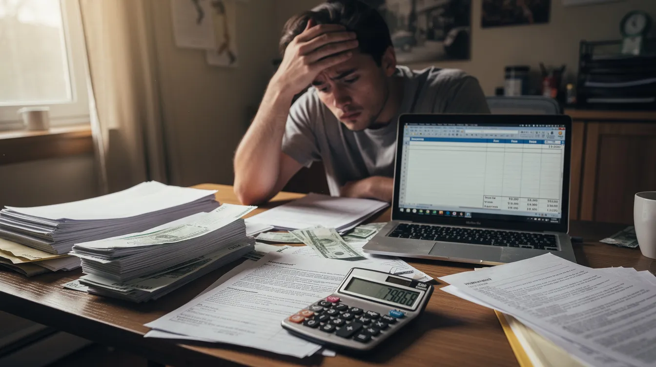 A stressed person sits at a cluttered desk filled with bills and a calculator, reviewing financial documents that reflect their financial situation. The image captures the anxiety of managing debts and calculating repayments, highlighting the challenges of financial planning and the importance of understanding terms like 清 數 and 結餘 轉 戶.