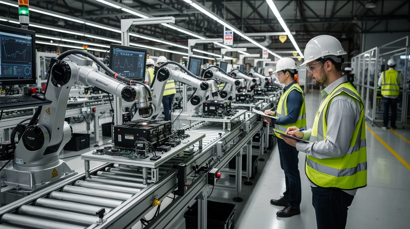 The image depicts a factory assembly line where automated processes are in operation, with human supervisors overseeing the workflow. This scene illustrates the integration of artificial intelligence and human labor, highlighting the evolving landscape of the labor market as AI tools enhance efficiency gains in the production value chain.