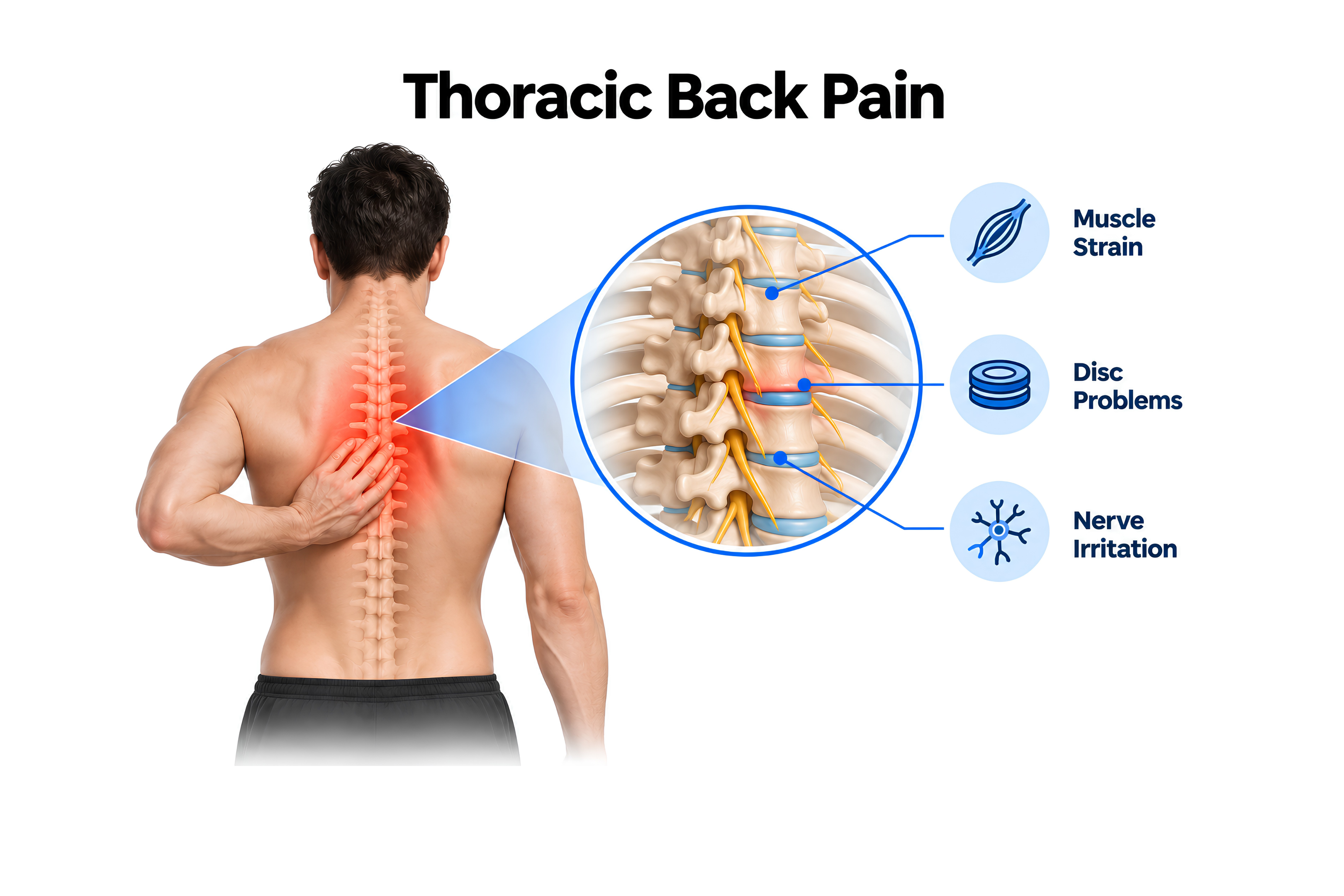 Illustration showing thoracic back pain caused by muscle strain, disc problems, and nerve irritation symptoms.