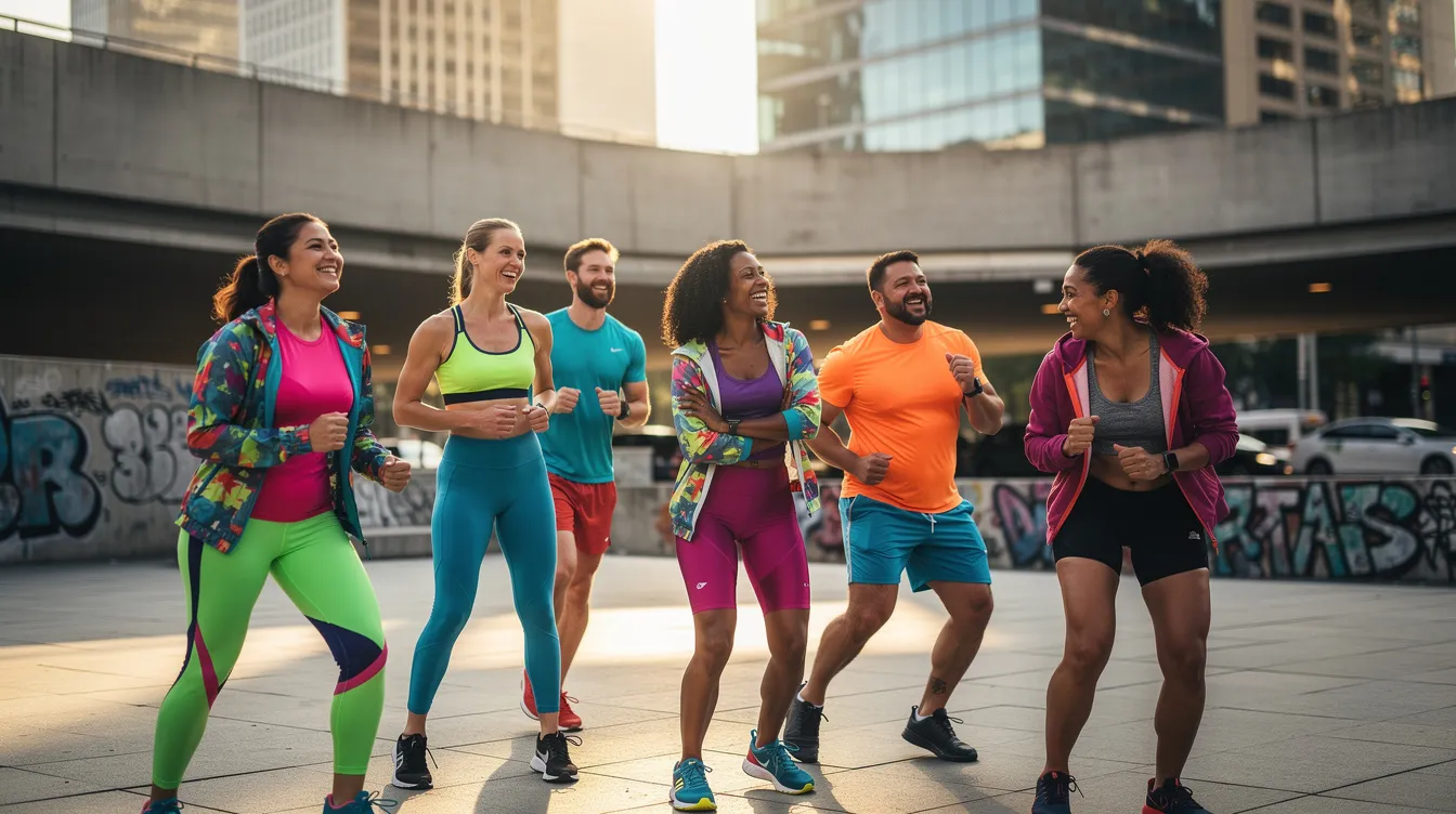 The image features a diverse group of models showcasing colorful athletic apparel in an urban outdoor setting, highlighting a vibrant color palette and promoting a healthier lifestyle. This scene reflects the brand identity and storytelling often seen in successful Shopify stores, appealing to potential customers looking for high-quality athletic wear.