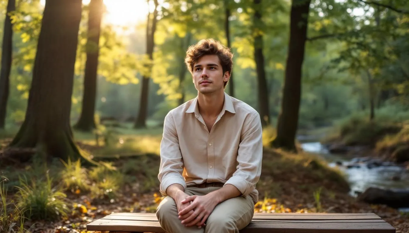 A person is sitting peacefully outdoors, surrounded by nature, appearing contemplative and relaxed as they engage in a moment of self-reflection. This serene setting serves as a reminder of the importance of mental health check-ins and self-care for overall well-being.