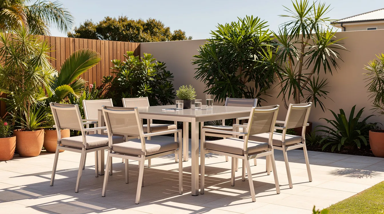 A modern aluminium outdoor dining set is arranged on a sunny Australian patio, surrounded by lush plants, creating a stylish outdoor dining area perfect for enjoying quality time with family and friends. The set includes a dining table and chairs, designed for durability and low maintenance in the Australian climate.