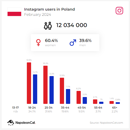 Użytkownicy Instagrama w Polsce, luty 2024 r., źródło: napoleoncat.com