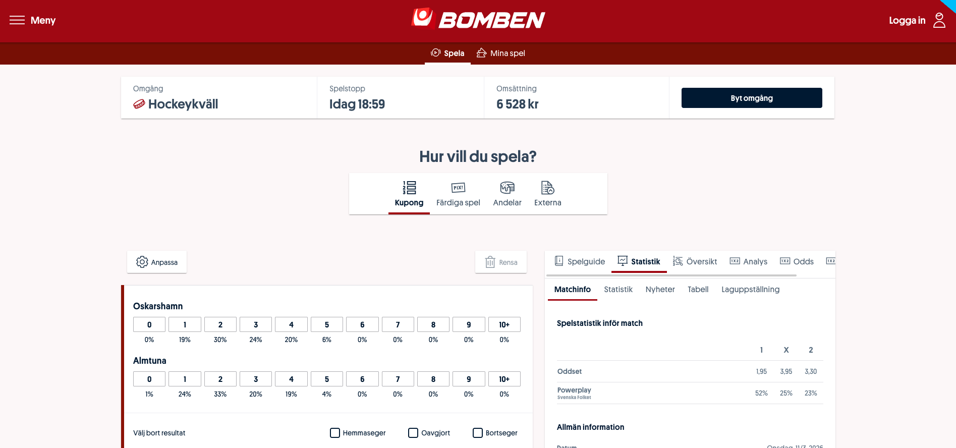 Bomben hos Svenska Spel Sport & Casino där spelare kan tippa resultat i ishockeymatcher som Oskarshamn mot Almtuna. Spela via kupong på webbplatsen, se statistik och odds, 18 år gäller och spelstopp finns via Spelkoll.