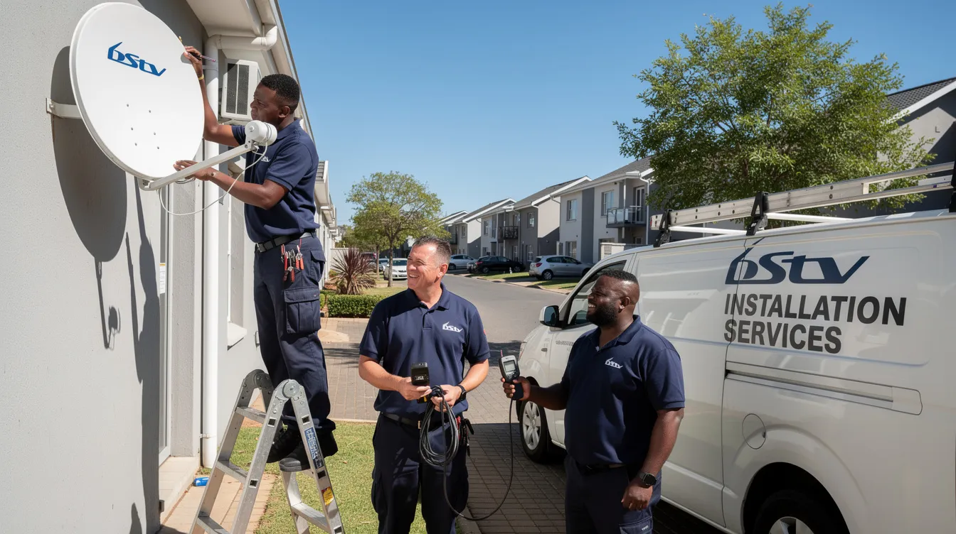 A team of professional DStv installers is seen working in Parklands, providing expert DStv installation services, including satellite dish installation and decoder configuration. The technicians are focused on ensuring customer satisfaction with their affordable and accredited installation solutions.