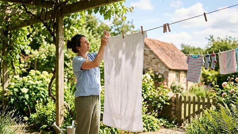 hanging freshly washed towels to dry