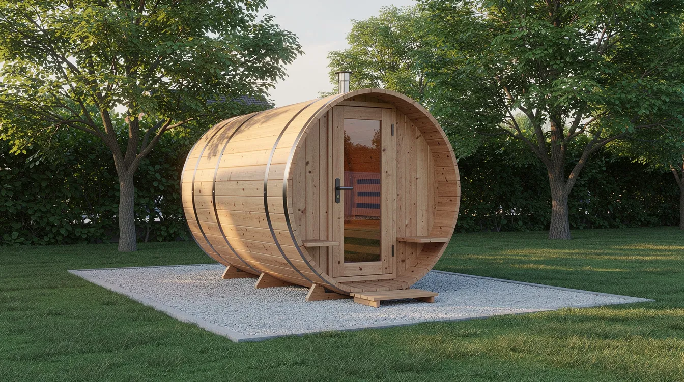 An outdoor barrel sauna sits on a gravel pad in a lush green backyard, surrounded by trees, showcasing its cylindrical shape and rustic appearance. This compact design offers efficient heat circulation and a traditional sauna experience, making it an attractive option for outdoor use.