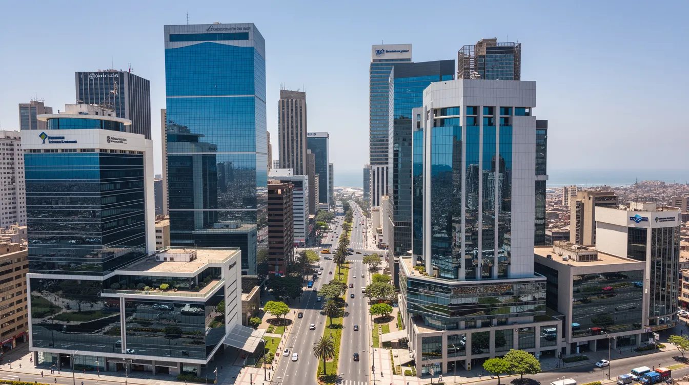 The image showcases the modern skyline of Lima, Peru, featuring sleek glass office towers under a clear blue sky, representing the vibrant financial district and the growth of the Peruvian banking market. This urban landscape symbolizes the banking services available to both local residents and international banks, highlighting the importance of financial institutions in managing personal loans and savings accounts.