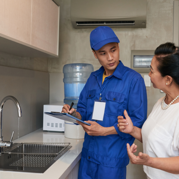 An image showing a plumber explaining a detailed estimate to a customer.