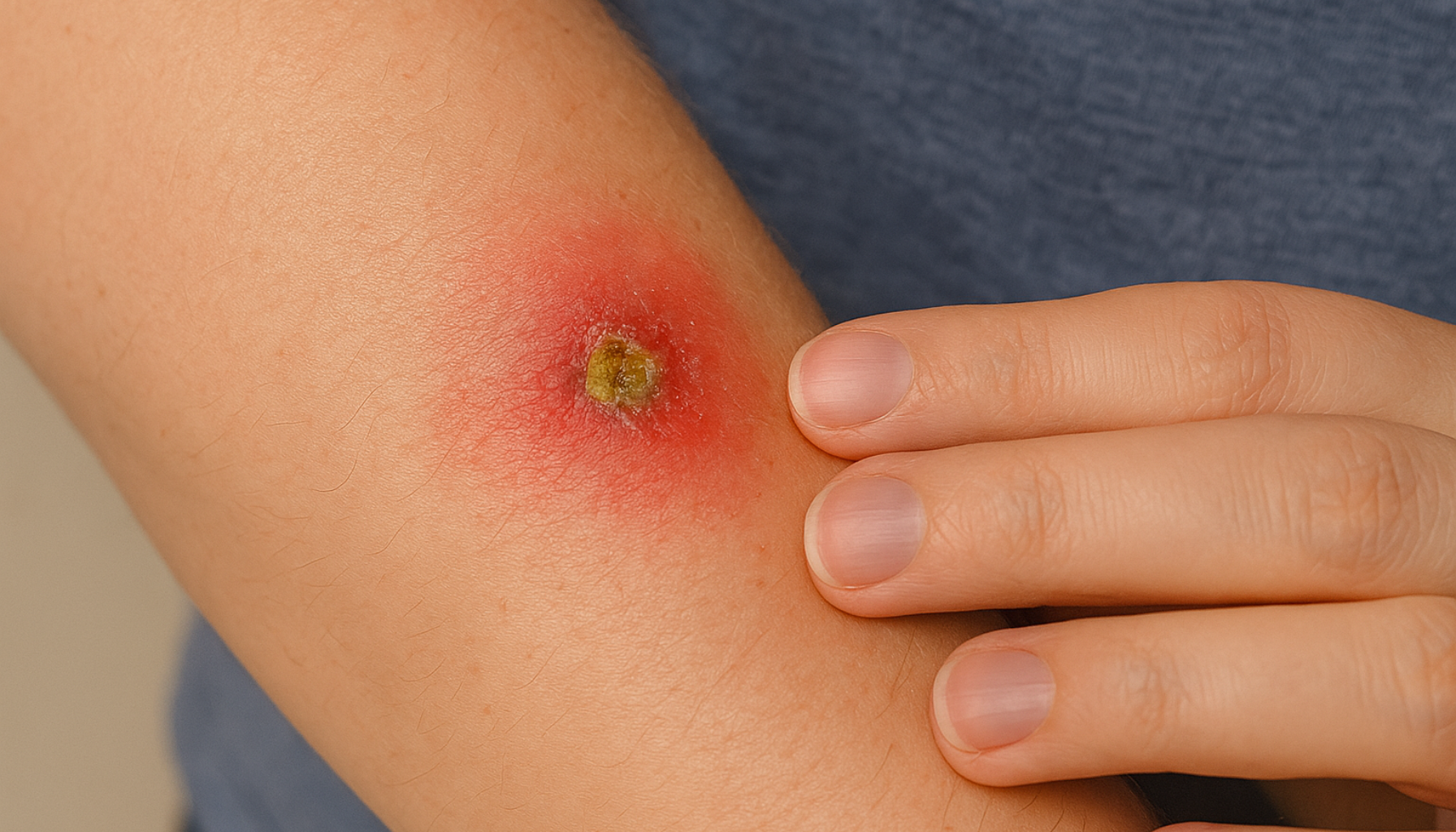 Nærbilde av infisert hud med rød hevelse og verk; finger berører området forsiktig.