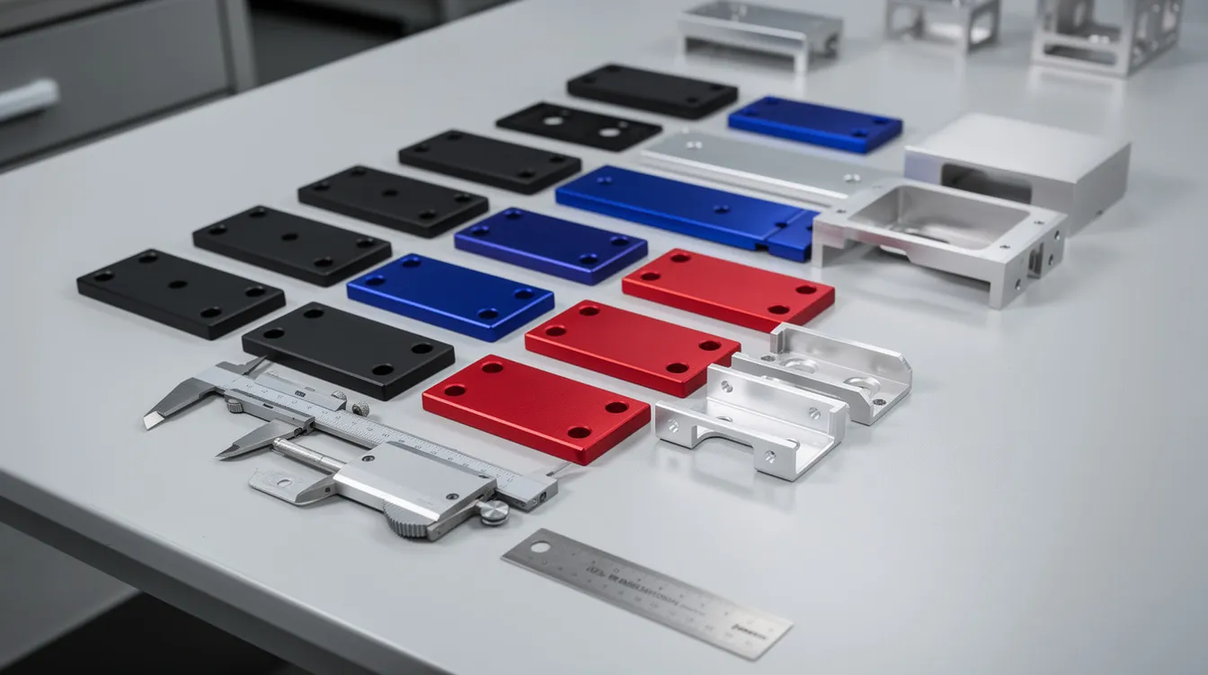The image features anodized aluminum parts in an array of colors, including black, blue, red, and natural silver, displayed on an inspection table. These precision CNC machined parts showcase a variety of finishes, highlighting their corrosion resistance and suitability for numerous industries.