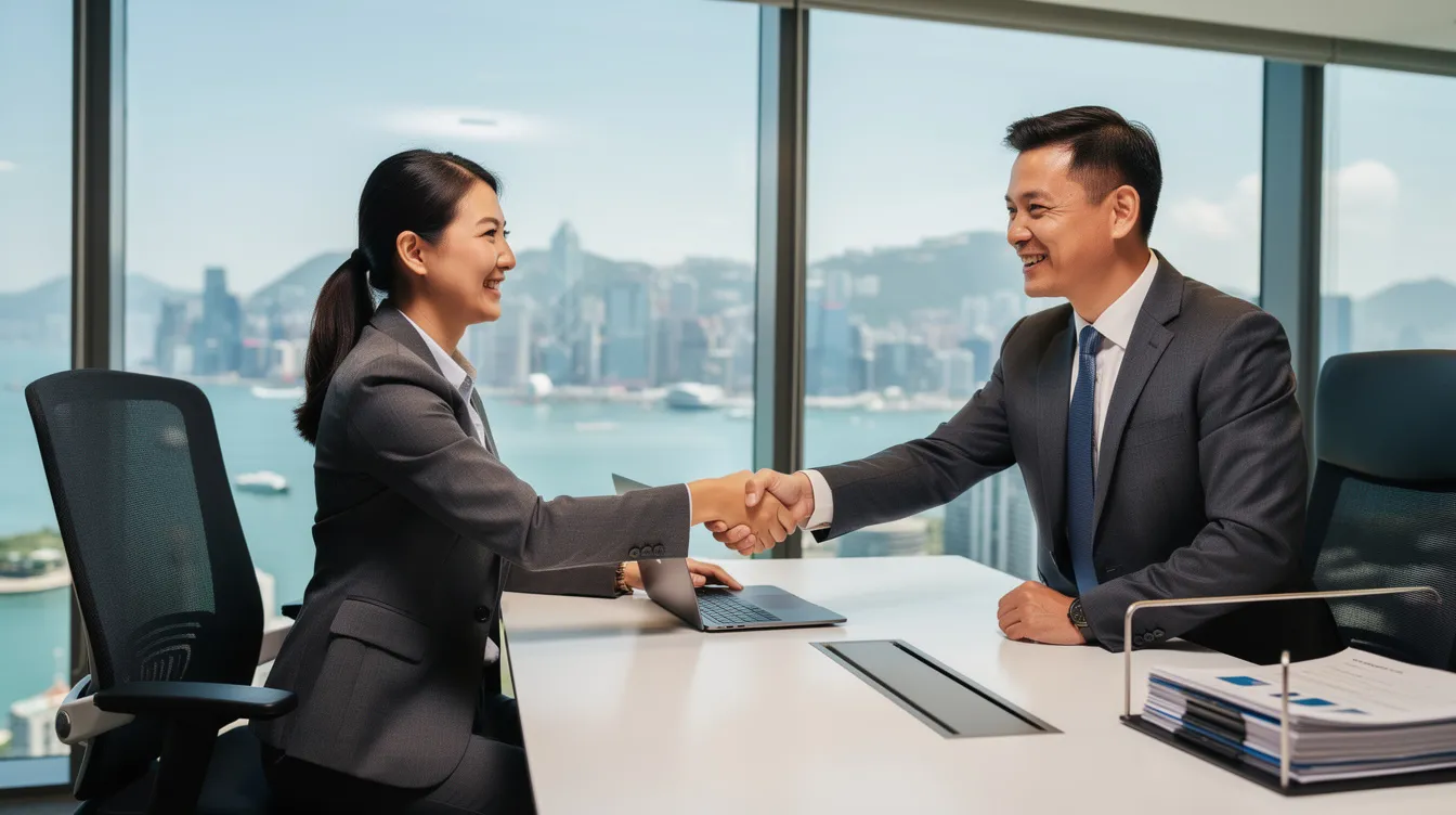 A smiling professional is shaking hands across a modern office desk in Hong Kong, symbolizing a successful collaboration in a business setting. The contemporary environment reflects the dynamic nature of the 公務員 的 workforce in 2026 年.