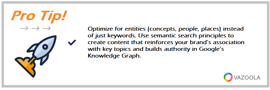 Optimize for entities (concepts, people, places) instead of just keywords. Use semantic search principles to create content that reinforces your brand’s association with key topics and builds authority in Google’s Knowledge Graph.