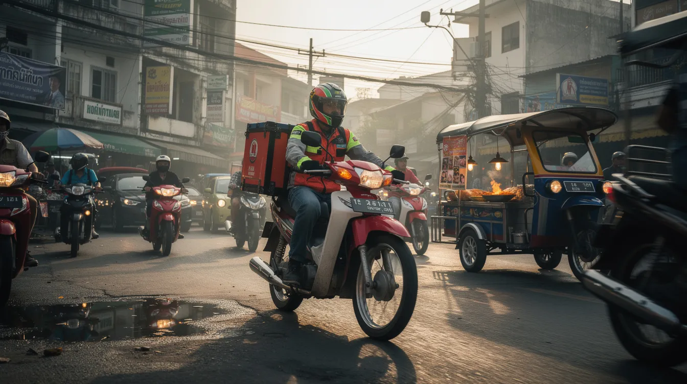 The image depicts a motorcycle courier expertly navigating a bustling street in a Southeast Asian city, surrounded by a mix of vehicles and pedestrians. This scene highlights the dynamic environment where delivery services thrive, showcasing the importance of super apps that enable users to manage food delivery, mobile payments, and other essential services all from one platform.